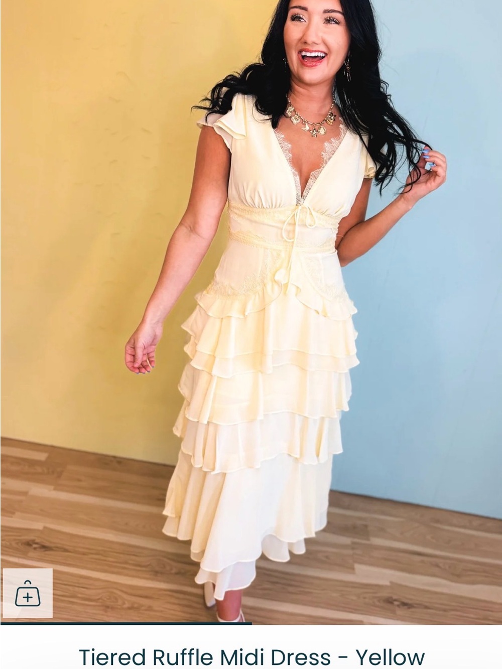 Storia Tiered Ruffle Midi Dress in Pale Yellow